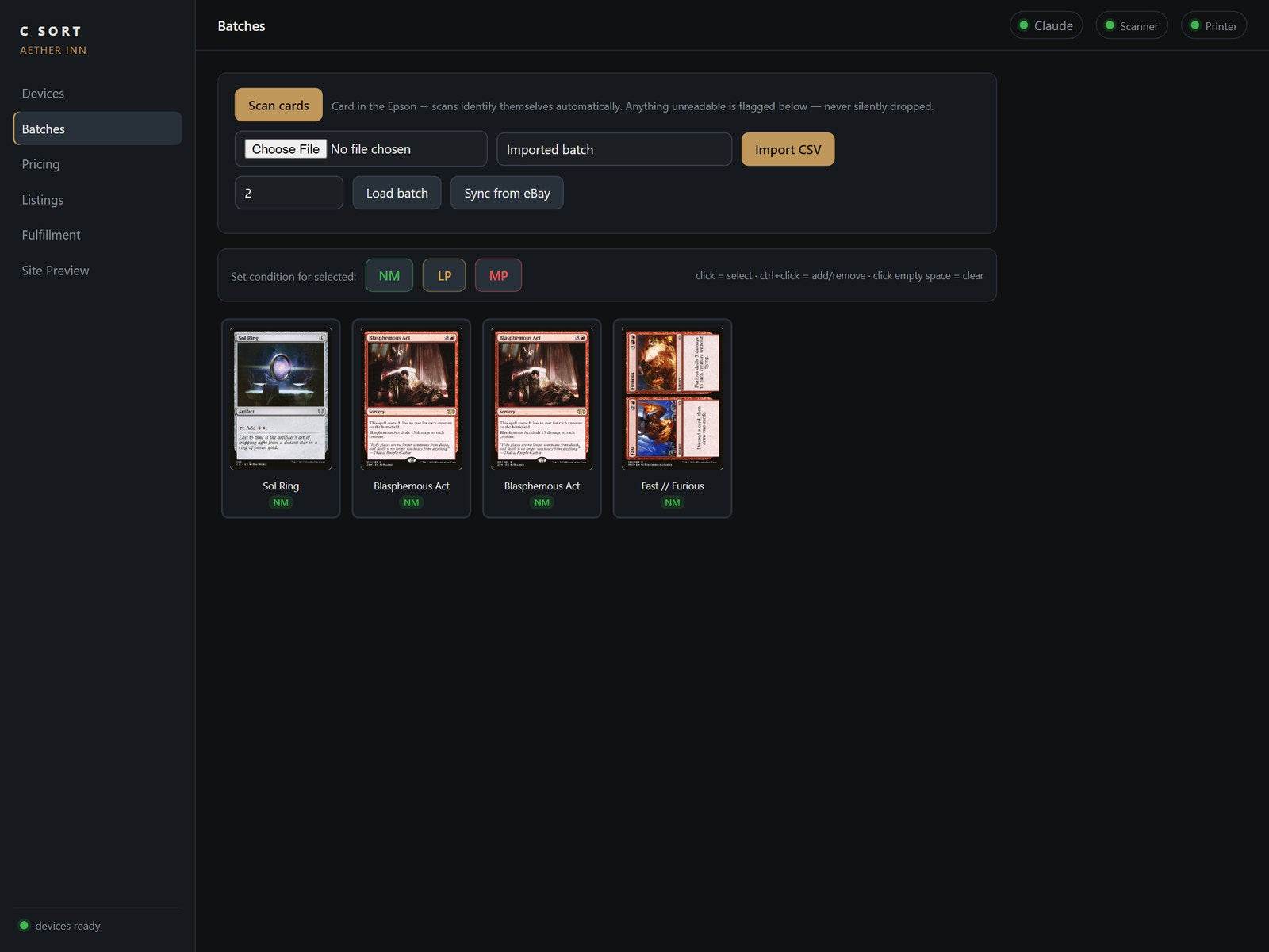 C Sort app dashboard showing a batch of scanned Magic cards ready for listing