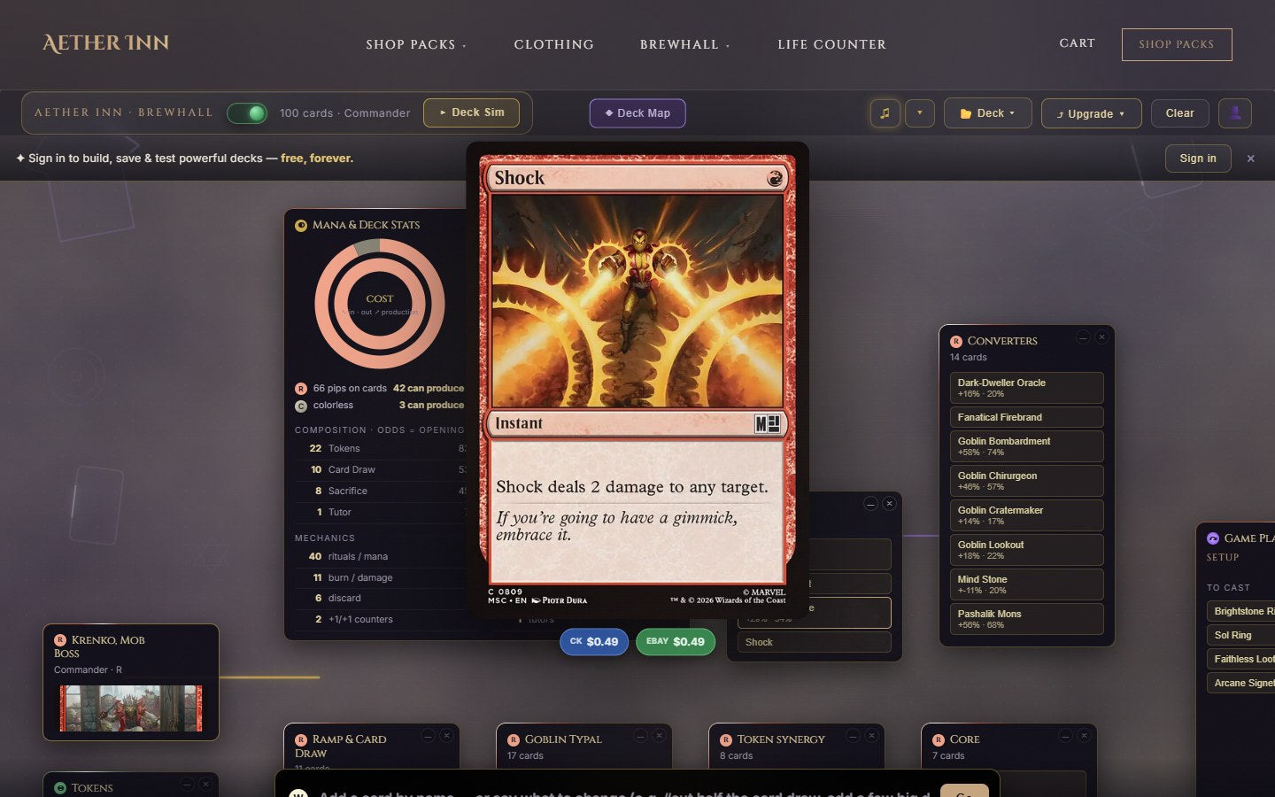 Deck Sim MTG deck builder interface showing a built Commander deck with mana curve, synergy panels and live pricing