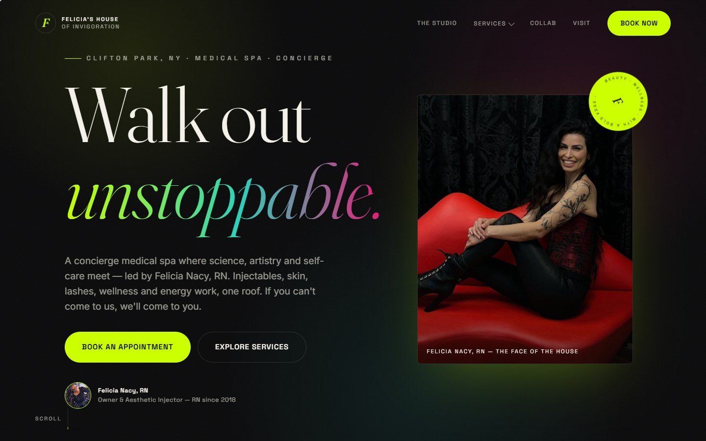 Felicia's House of Invigoration homepage hero, Walk out unstoppable, high-fashion medical spa brand site