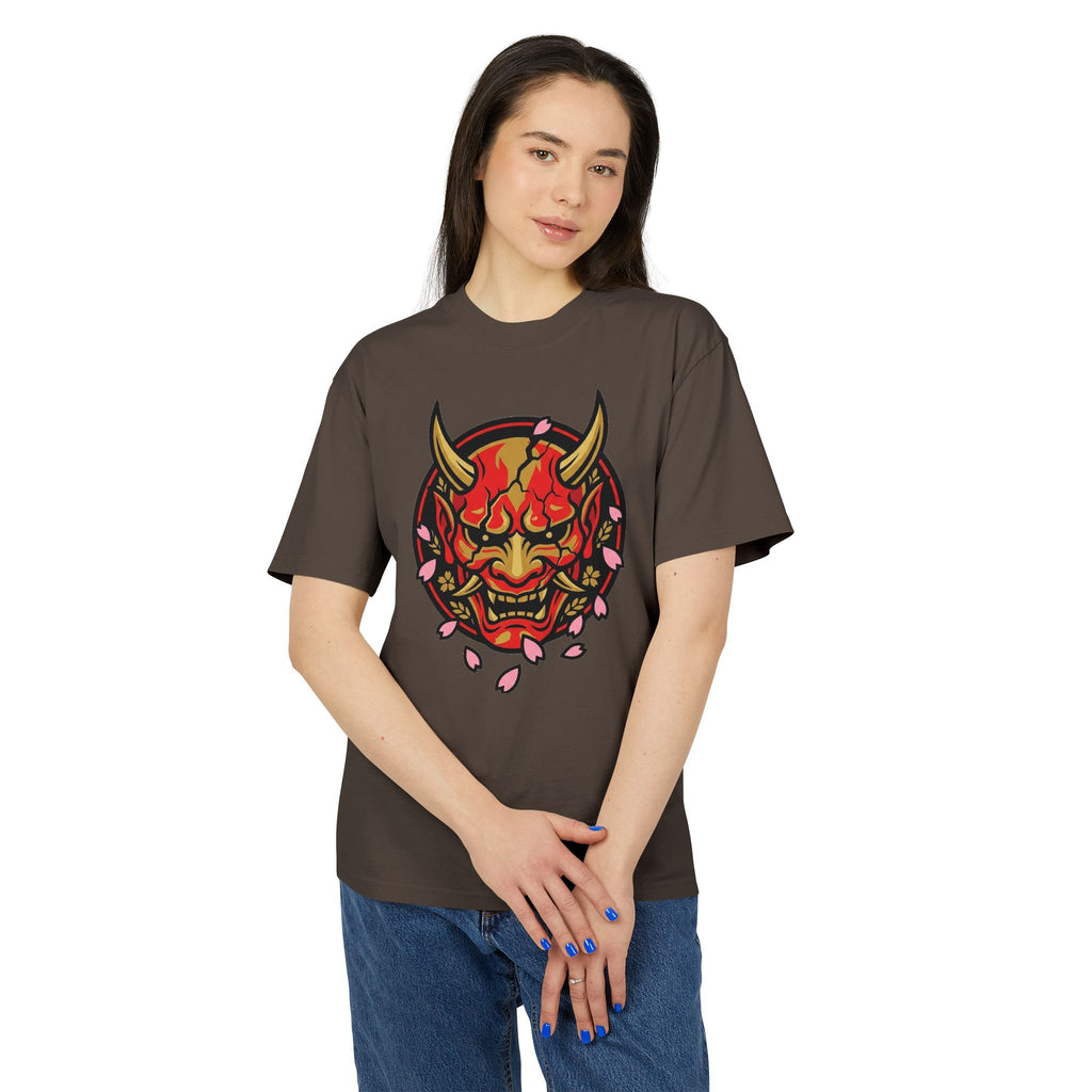 Demon Oni Mask T-Shirt — Japanese Hannya Design with Cherry Blossoms