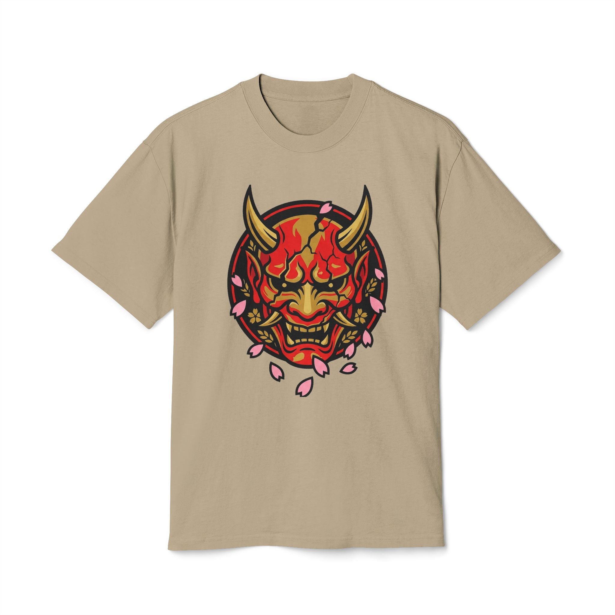 Demon Oni Mask T-Shirt — Japanese Hannya Design with Cherry Blossoms