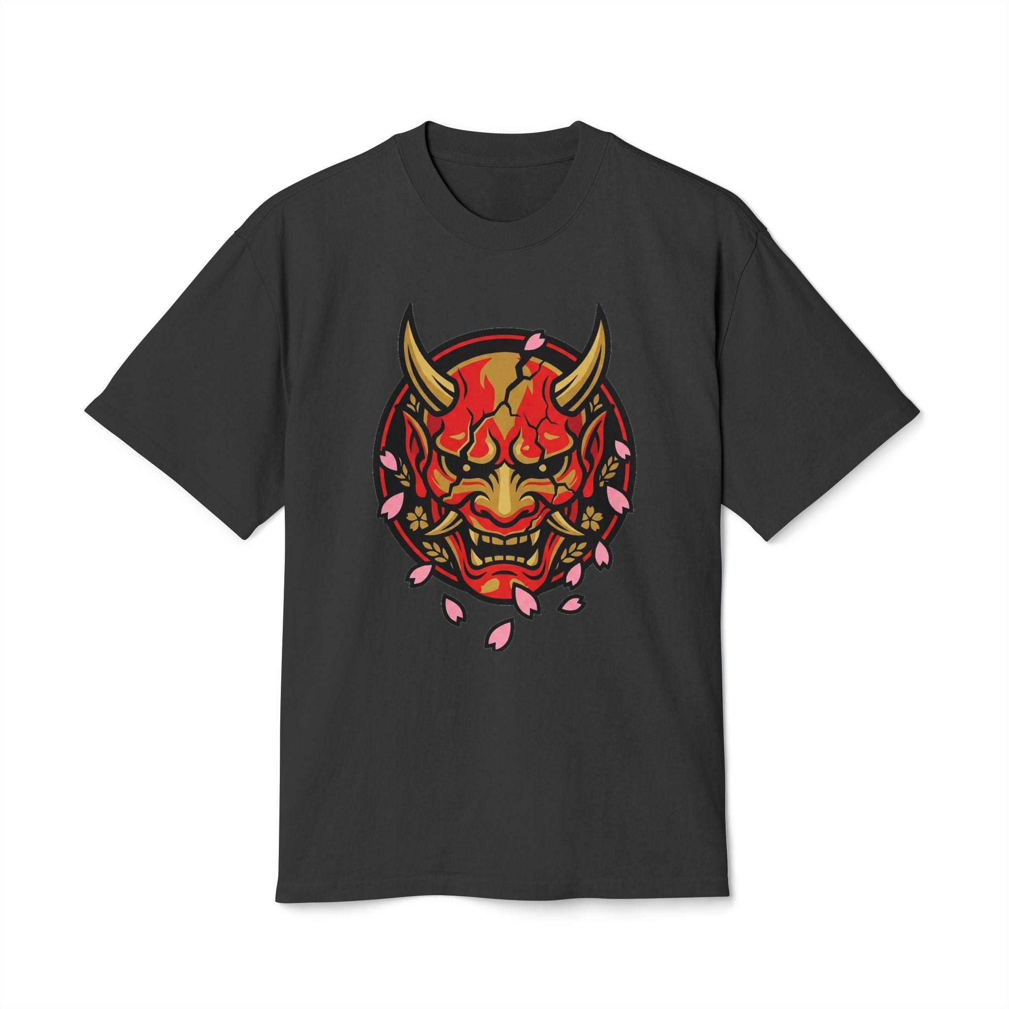 Demon Oni Mask T-Shirt — Japanese Hannya Design with Cherry Blossoms