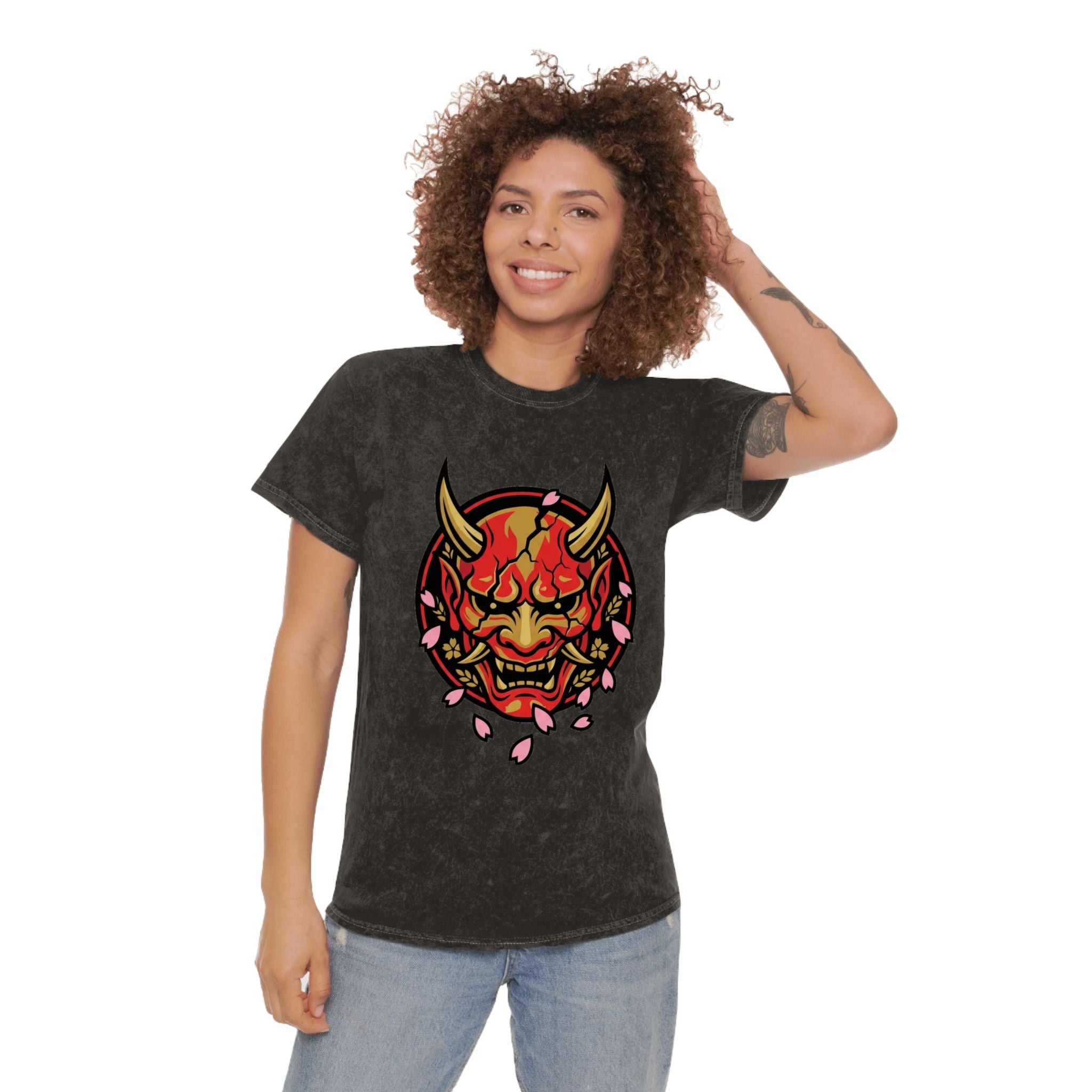 Demon Oni Mask Tee — Japanese Oni Face with Cherry Blossoms Mineral Wash T-Shirt