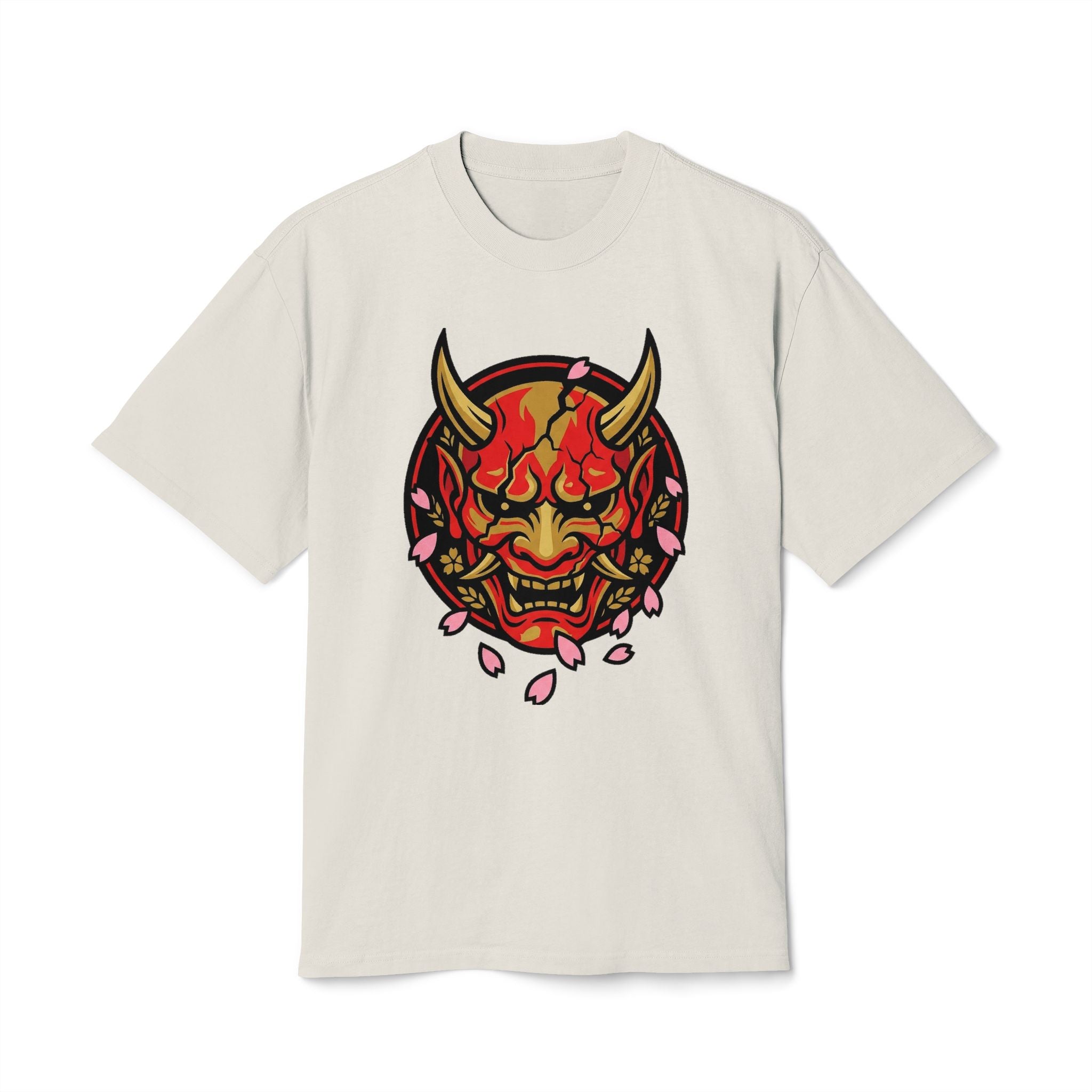 Demon Oni Mask T-Shirt — Japanese Hannya Design with Cherry Blossoms