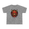 Demon Oni Mask Tee — Japanese Oni Face with Cherry Blossoms Mineral Wash T-Shirt