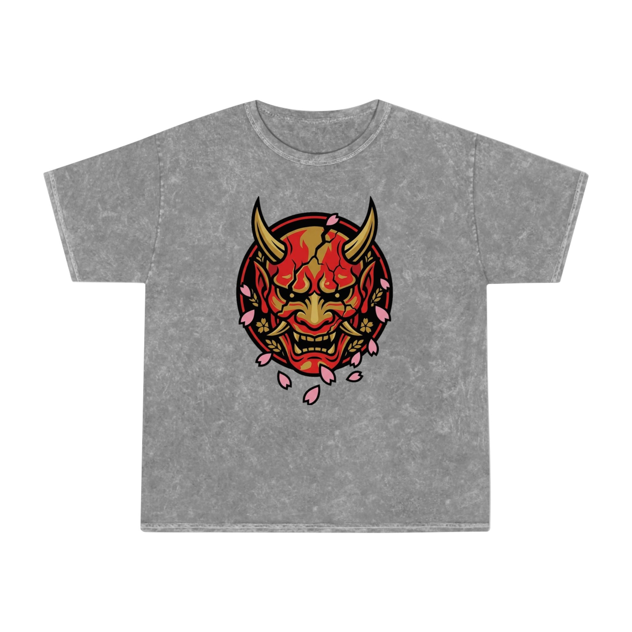 Demon Oni Mask Tee — Japanese Oni Face with Cherry Blossoms Mineral Wash T-Shirt