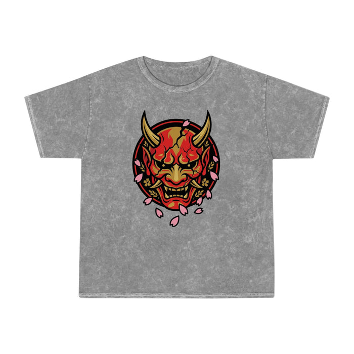 Demon Oni Mask Tee — Japanese Oni Face with Cherry Blossoms Mineral Wash T-Shirt