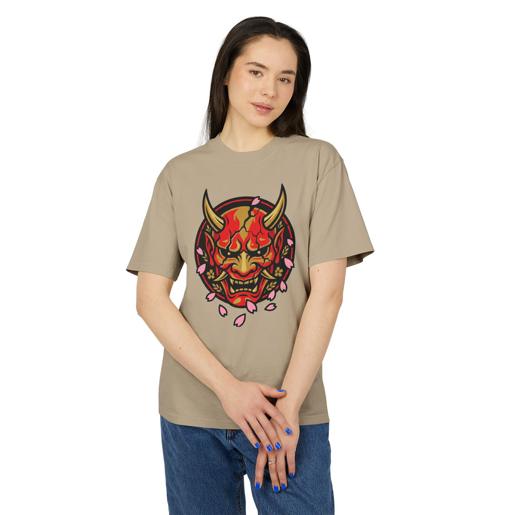 Demon Oni Mask T-Shirt — Japanese Hannya Design with Cherry Blossoms