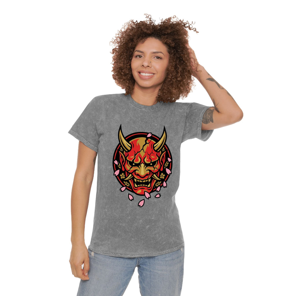 Demon Oni Mask Tee — Japanese Oni Face with Cherry Blossoms Mineral Wash T-Shirt