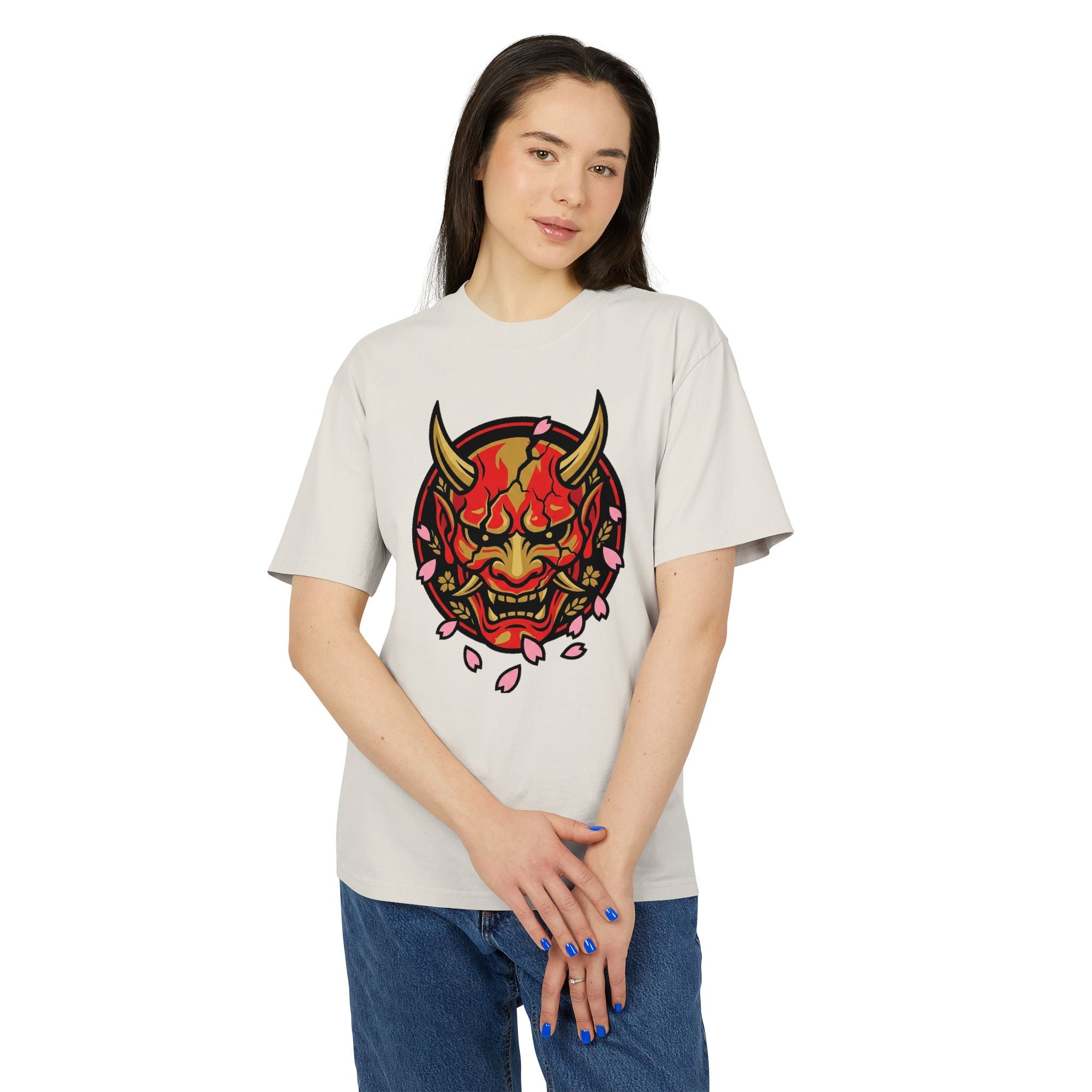 Demon Oni Mask T-Shirt — Japanese Hannya Design with Cherry Blossoms