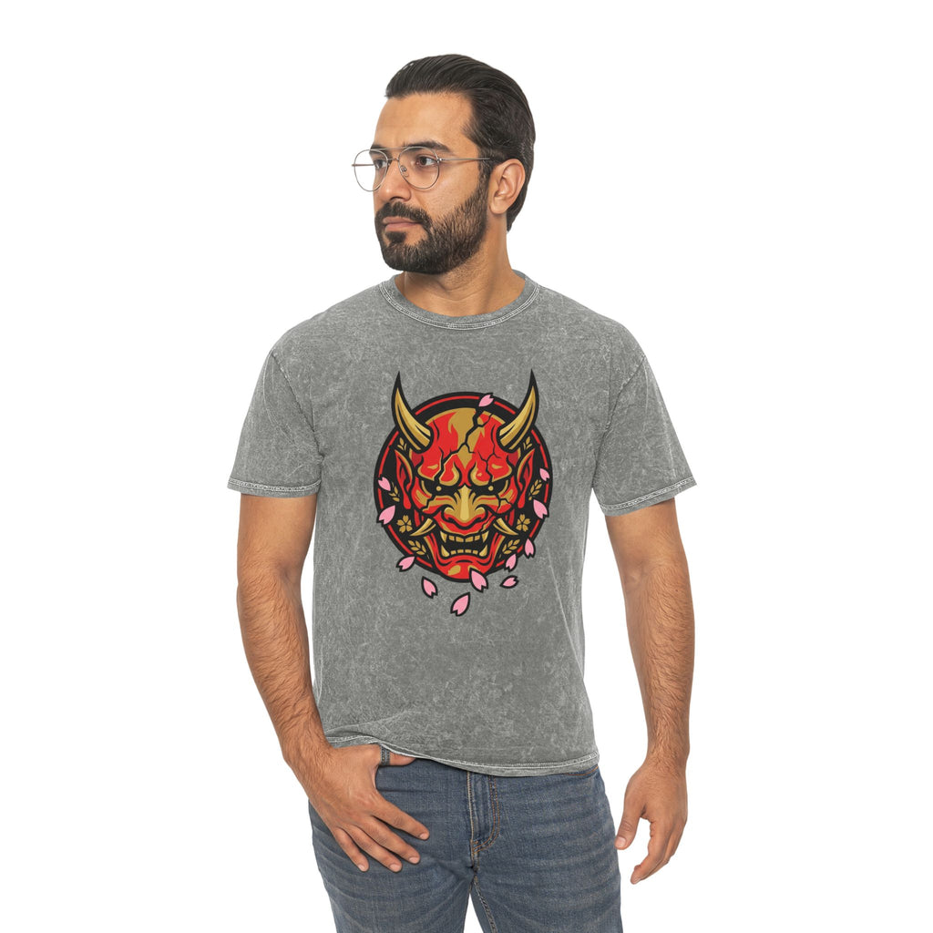 Demon Oni Mask Tee — Japanese Oni Face with Cherry Blossoms Mineral Wash T-Shirt