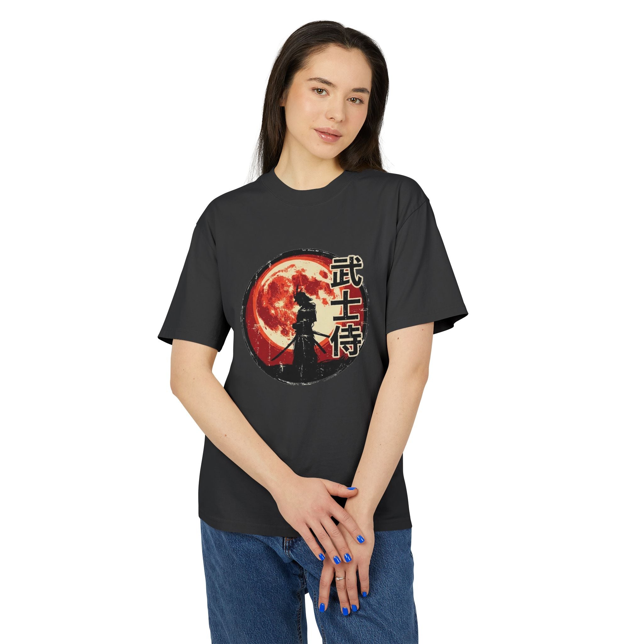 Samurai Moon Tee — Warrior Silhouette T-Shirt with Japanese Kanji