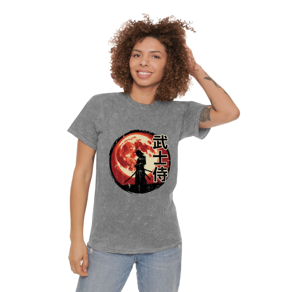 Samurai Moon Mineral-Wash T-Shirt — '武士侍' Vintage Sunset Graphic Tee