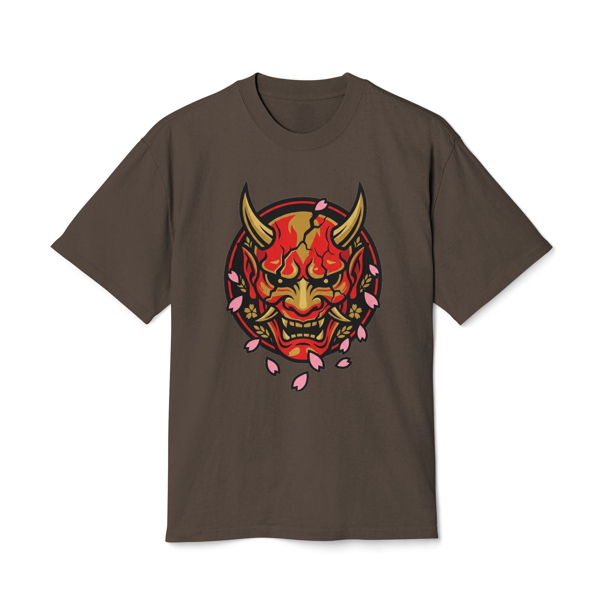 Demon Oni Mask T-Shirt — Japanese Hannya Design with Cherry Blossoms