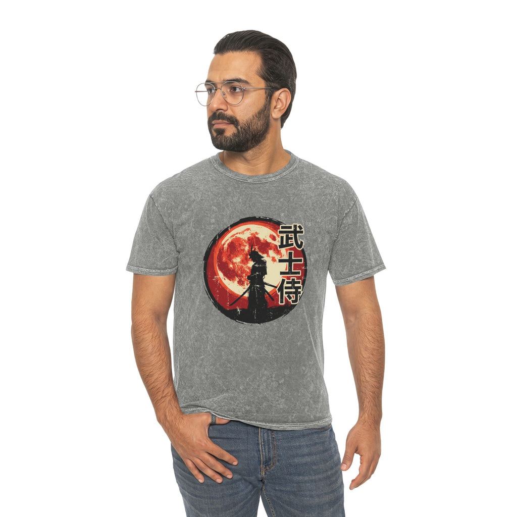 Samurai Moon Mineral-Wash T-Shirt — '武士侍' Vintage Sunset Graphic Tee