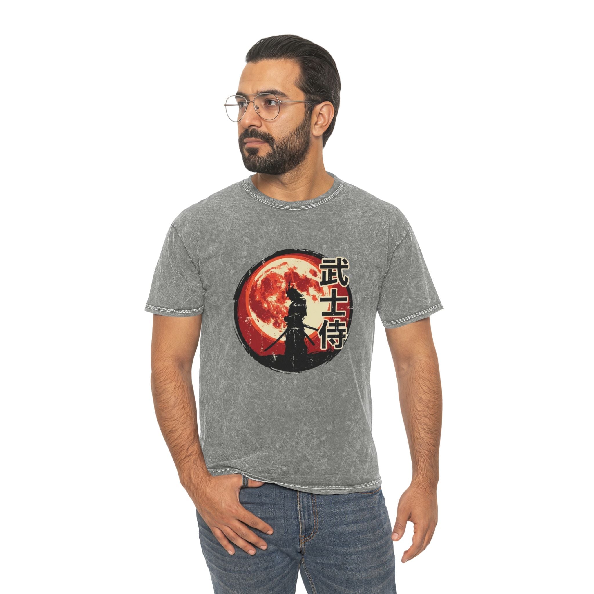 Samurai Moon Mineral-Wash T-Shirt — '武士侍' Vintage Sunset Graphic Tee