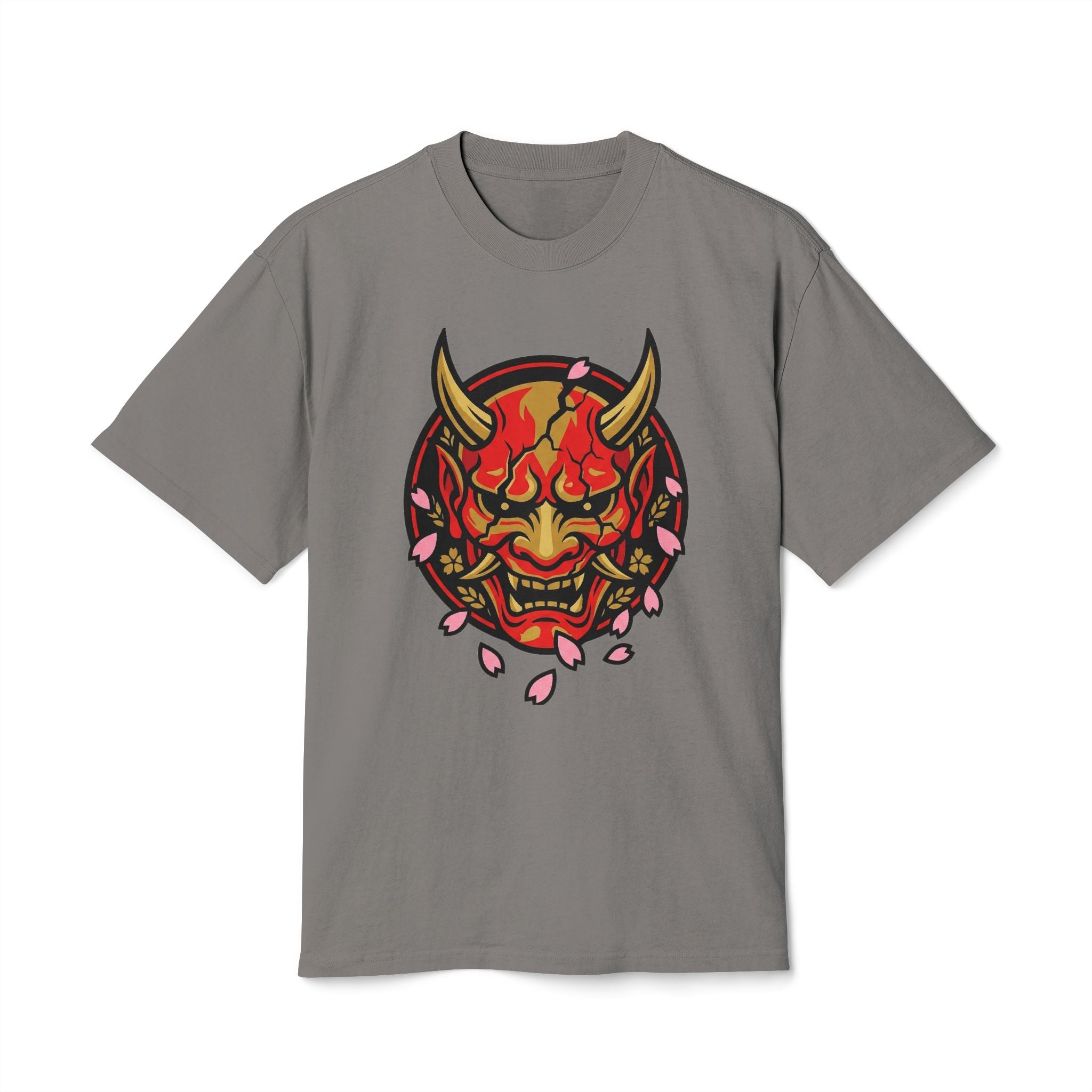 Demon Oni Mask T-Shirt — Japanese Hannya Design with Cherry Blossoms