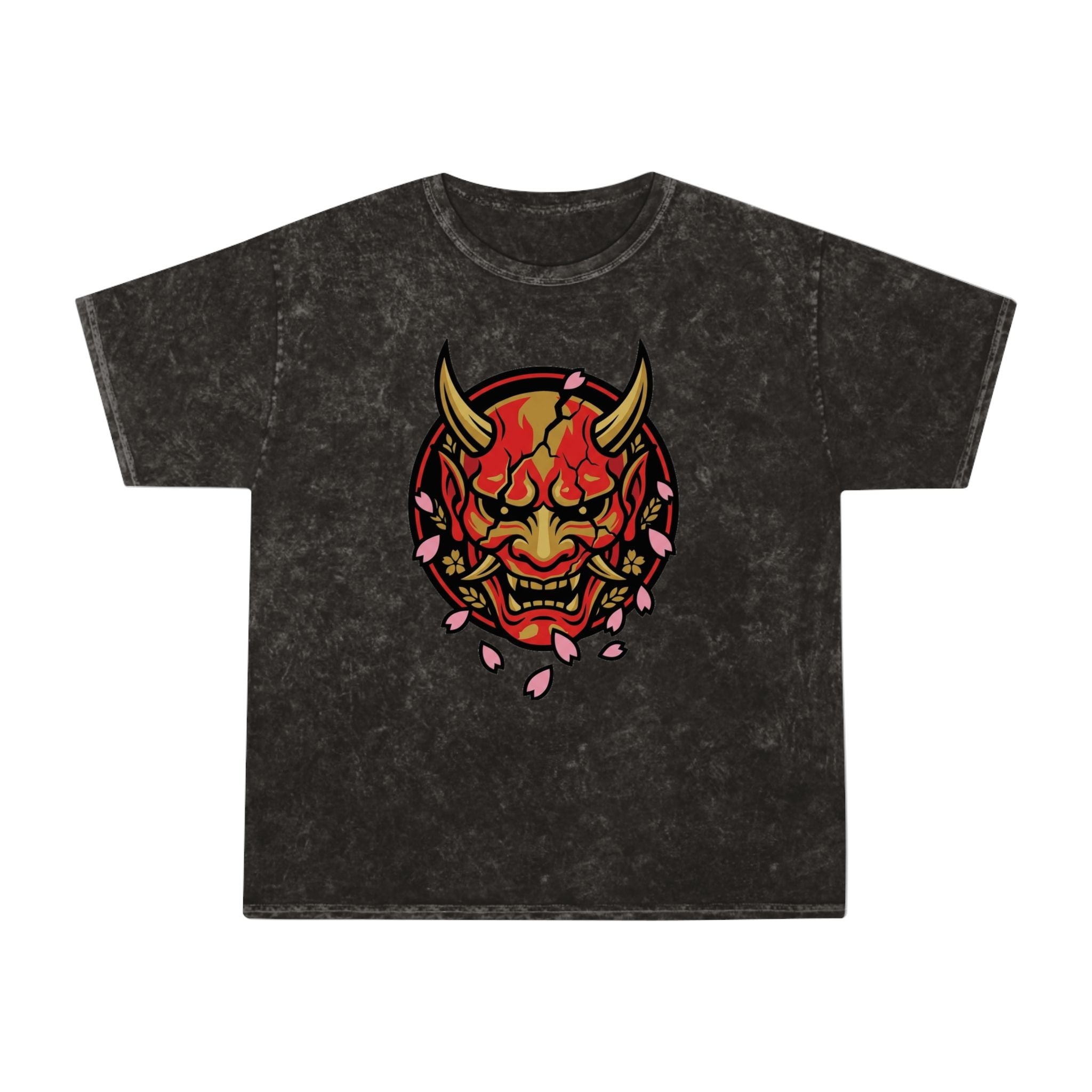 Demon Oni Mask Tee — Japanese Oni Face with Cherry Blossoms Mineral Wash T-Shirt