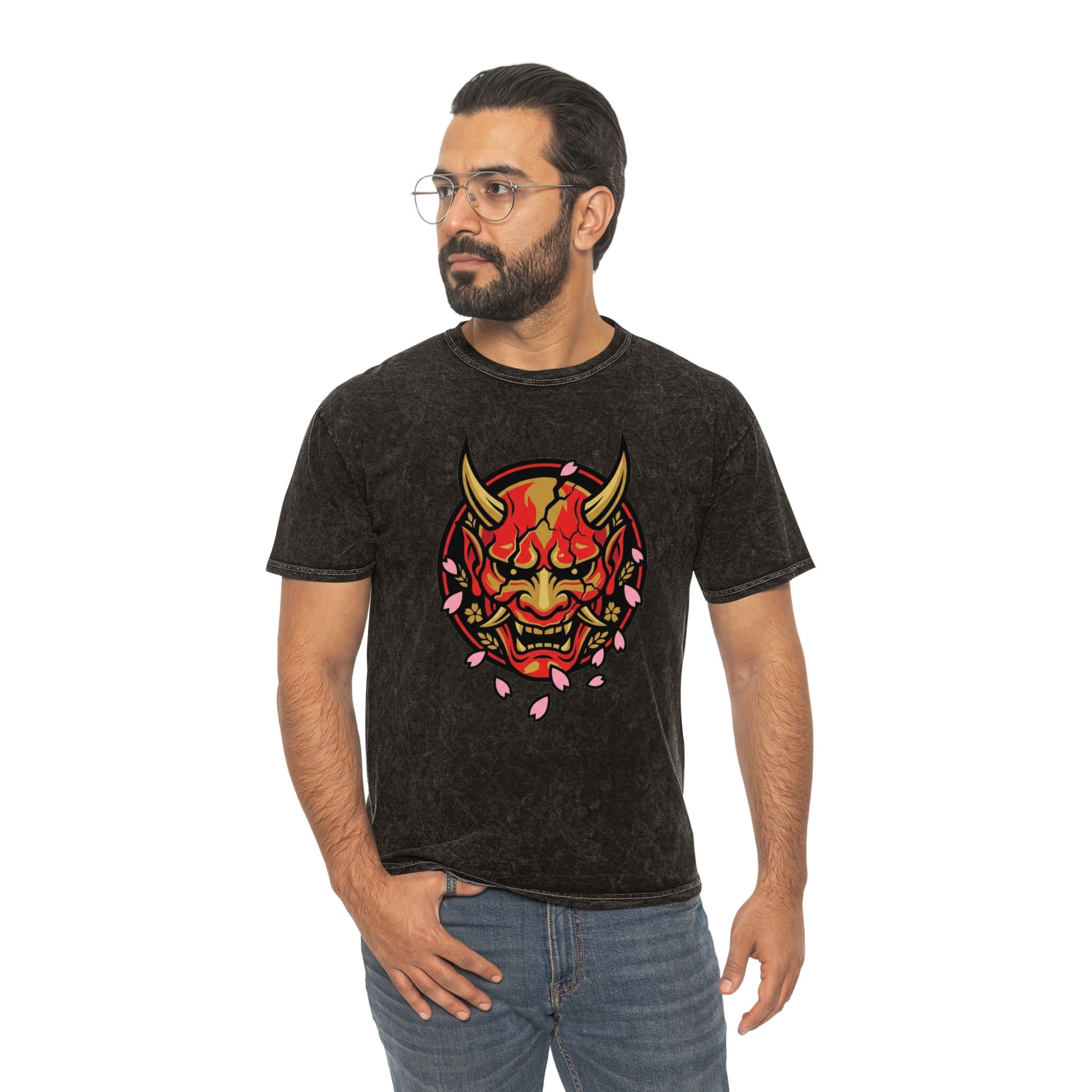 Demon Oni Mask Tee — Japanese Oni Face with Cherry Blossoms Mineral Wash T-Shirt