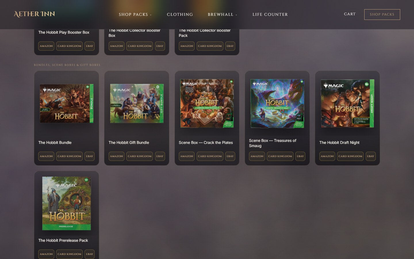 Aether Inn packs and sets catalog page showing per-product Amazon, Card Kingdom, and eBay affiliate buttons