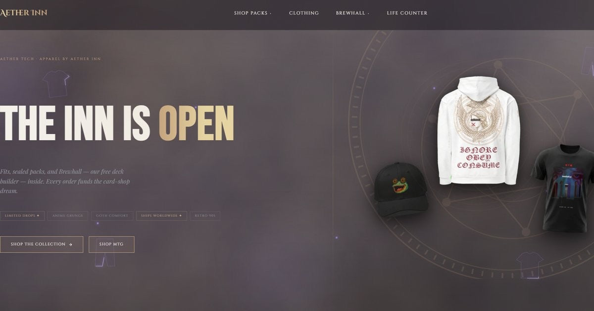 Aether Inn homepage hero, THE INN IS OPEN, showing apparel and MTG shop navigation