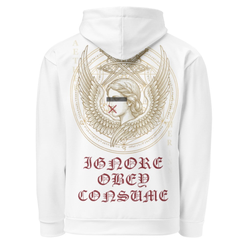 Back print of the Ninth Hour white cotton hoodie, an original angel-and-blindfold design with the words Ignore Obey Consume
